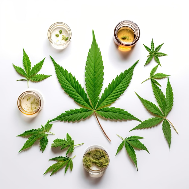 Cannabis leaves with CBD oil in a glass jar