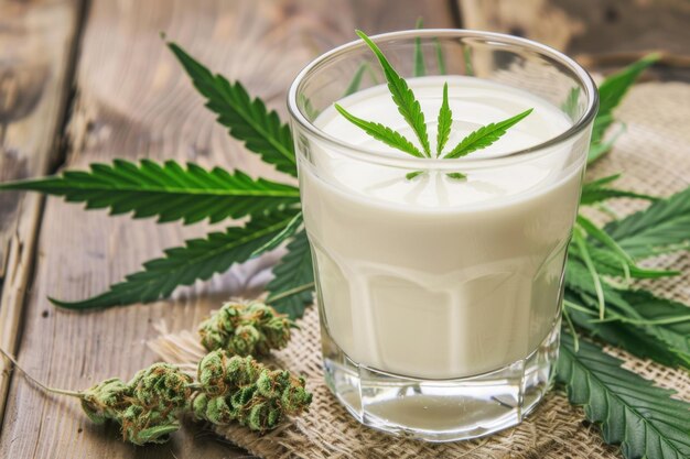 Photo cannabis milk in glass and green leaf