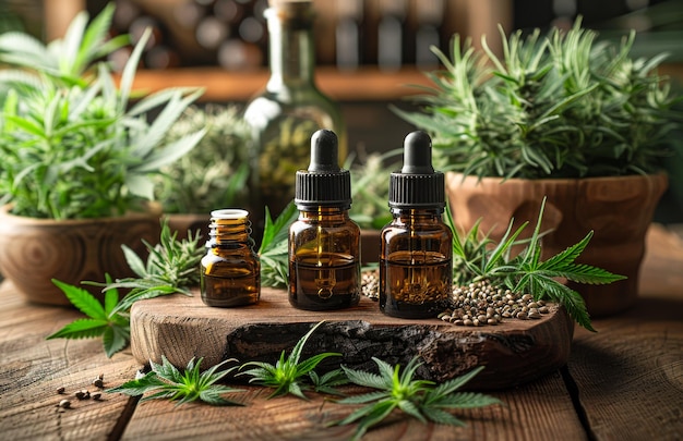 Cannabis oil and cannabis plants on wooden table