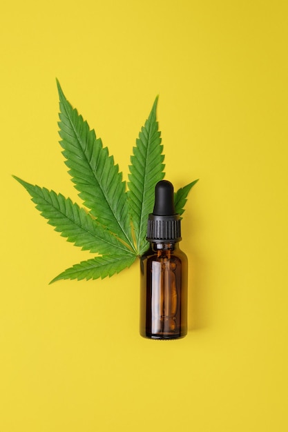 cannabis oil and hemp leaf on yellow background flat lay hemp cbd oil in a bottle herbal cannabis face serum for skin care