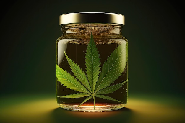 Cannabis Oil Jar Featuring Prominent Marijuana Leaf