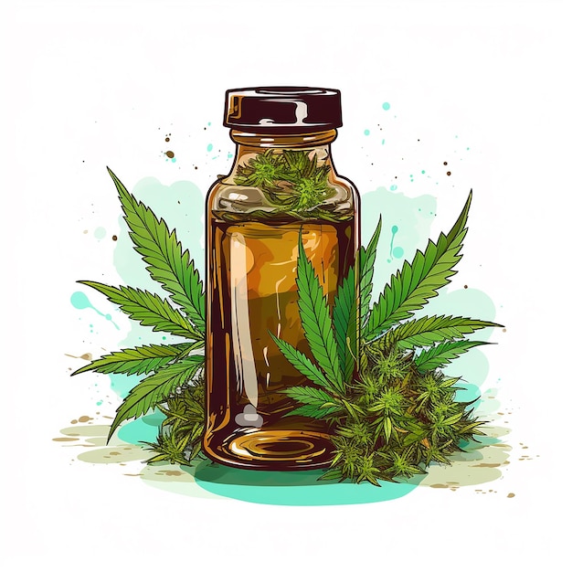 Cannabis Oil Poured in Glass Bottle with Label Vector