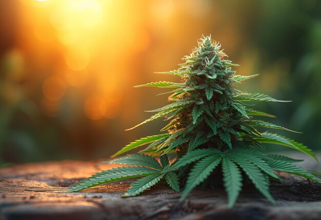 Cannabis plant on wooden table A vibrant marijuana plant stands tall on a simple wooden table showcasing its natural beauty