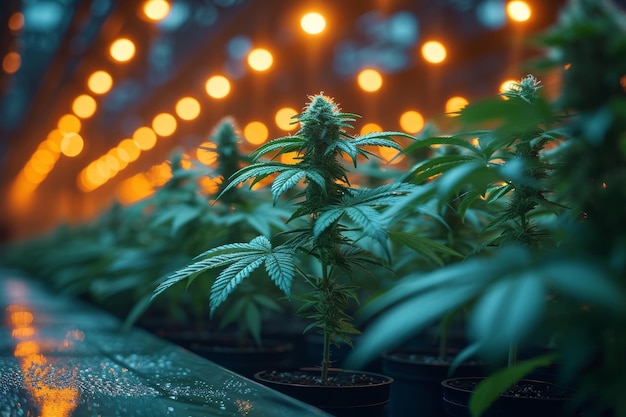 Cannabis plants growing under lights in greenhouse