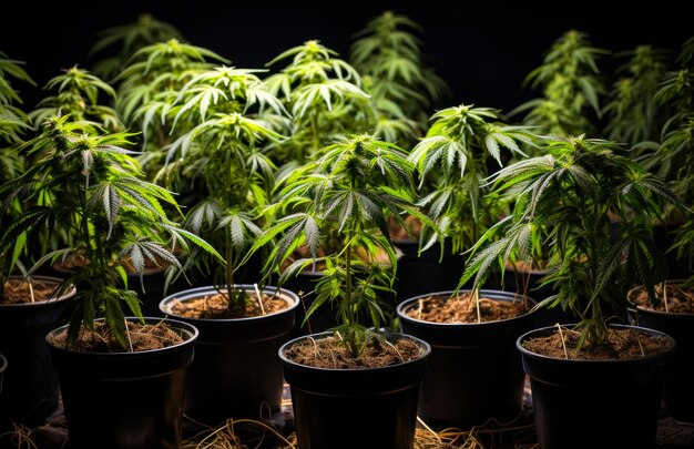 Cannabis plants in pots in a black room