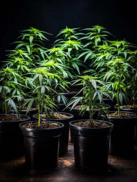 Cannabis plants in pots in a black room