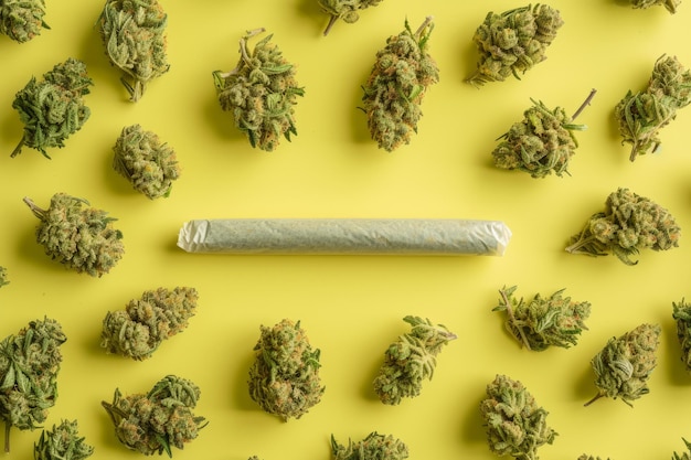 A cannabis rolled joint surrounded by cannabis buds overhead flat lay studio shot