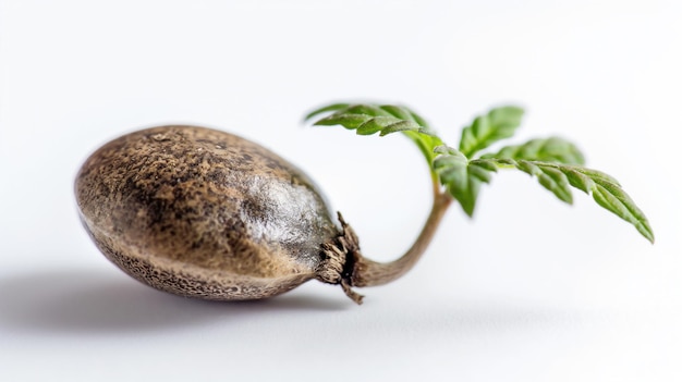 Cannabis seedling emerging from seed white background macro photography