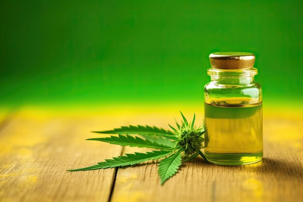 大麻治療のコンセプト研究室のペトリ公国の美容オイルと大麻の葉、大麻油のコンセプトの薬用使用をクローズアップ