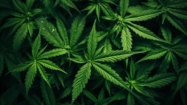 Cannabisbladeren van een plant op een donkere achtergrond selectieve focus Generatieve AI
