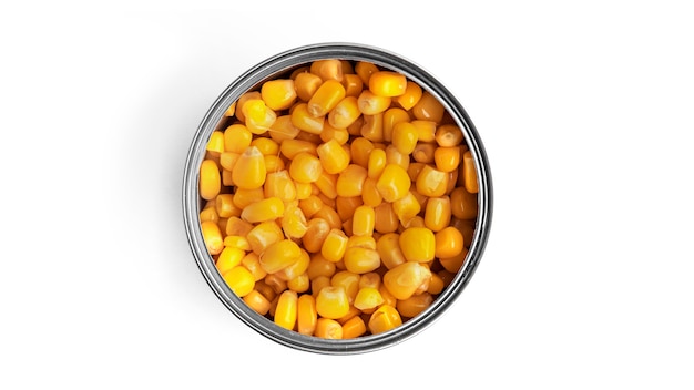 Canned corn isolated on white.