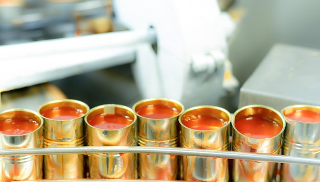 Canned fish factory Food industry Sardines in red tomato sauce in tinned cans at food factory Food