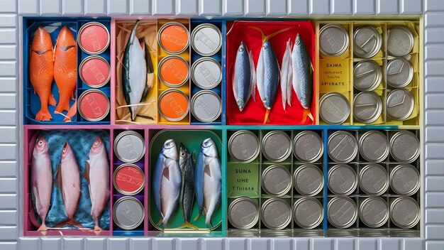 Консервированные рыбы в консервных банках, лосось, тунец, скумбрия и шпроты