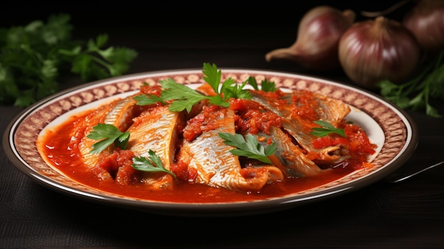 Photo canned fish in tomato sauce on plate