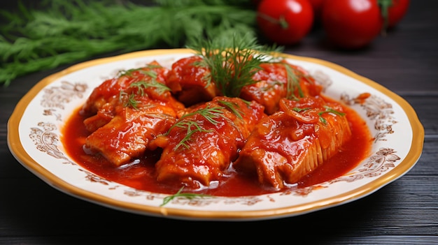 Photo canned fish in tomato sauce on plate