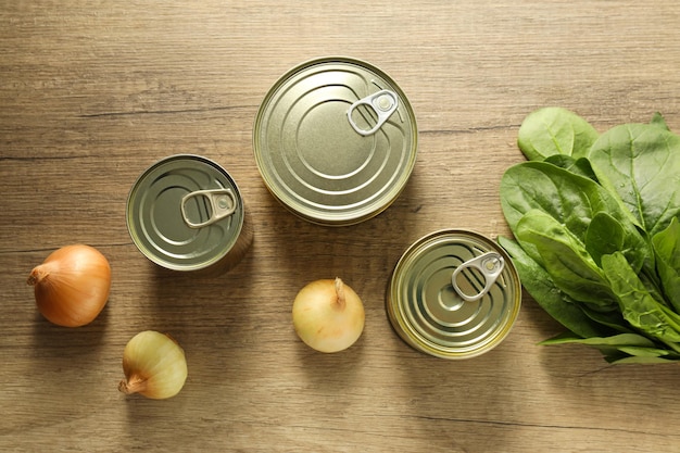 Canned food in blank metal jars concept of canned food