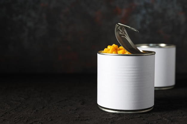 Canned food in blank metal jars concept of canned food