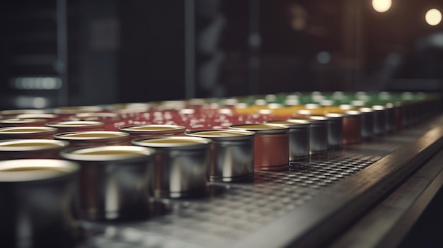 Canned food on conveyor belt in factory Generative Ai