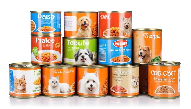 Alimenti in scatola per animali domestici isolati su bianco