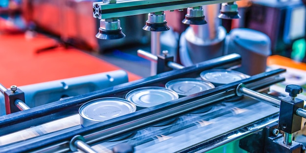 Photo canned food products on conveyor belt in distribution warehouse parcels transportation system