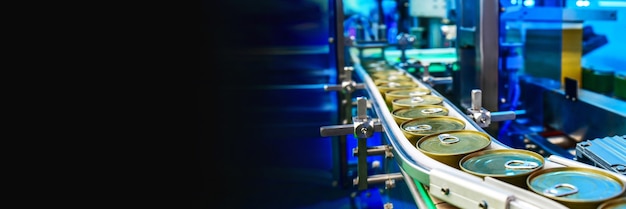 Canned food products on conveyor belt in warehouse