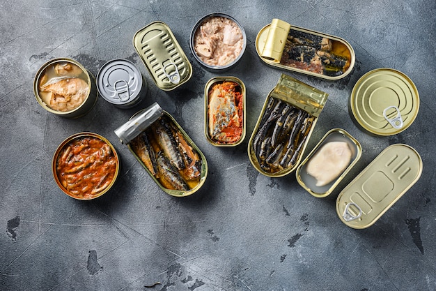 Canned food with different types of fish and seafood