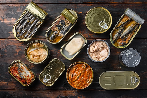 Canned food with different types of fish and seafood