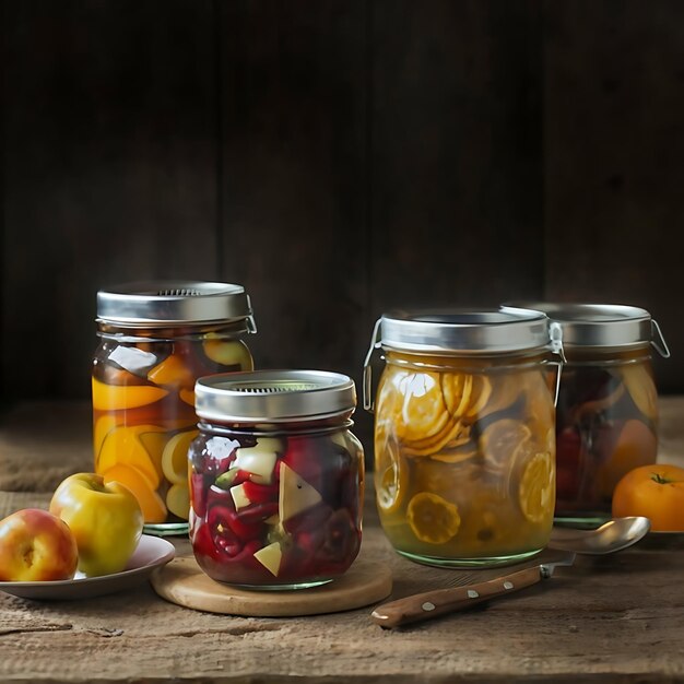 Фото Консервированные фрукты на кухонном столе фотография еды
