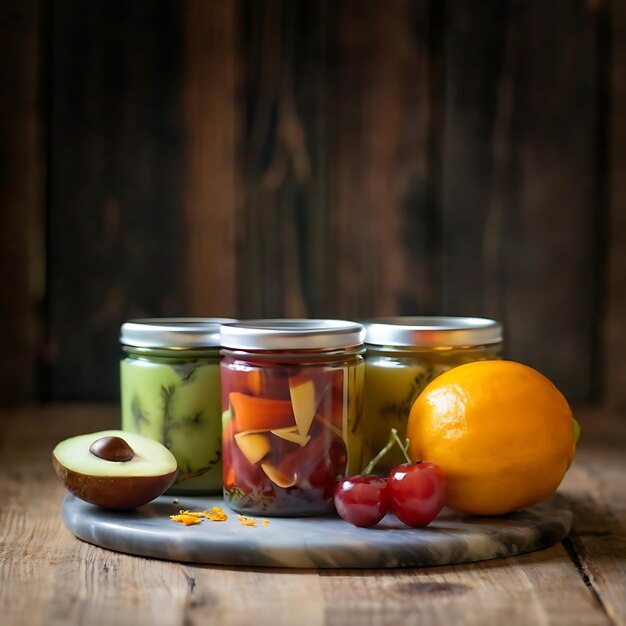 Photo canned fruit in the kitchen table food photography