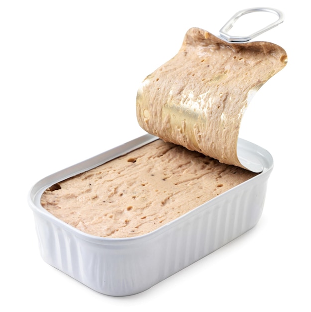 Canned pate in an open jar close-up on a white background. Isolated