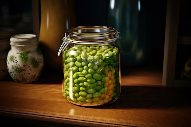 Photo canned peas in a transparent jar on a wooden table