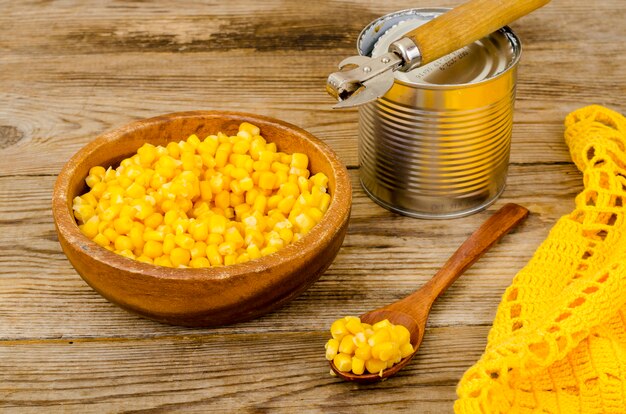 Canned ripe yellow sweet corn in jar.