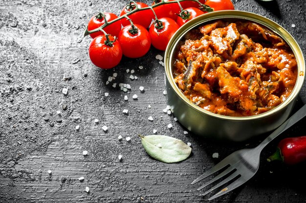canned sprat in a tin with fresh cherry tomatoes