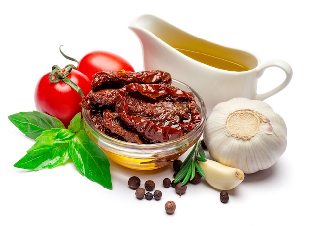 Canned Sundried or dried tomato halves in glass bowl