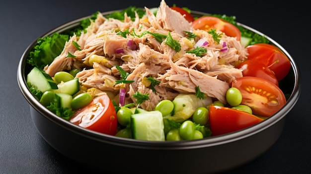 Canned tuna with vegetable salad isolated on white background