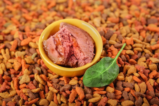 Canned wet pet raw food meat in cute yellow bowl with green natural leaf beside it