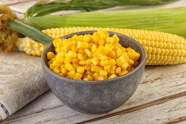 Canned yellow corn in the bowl