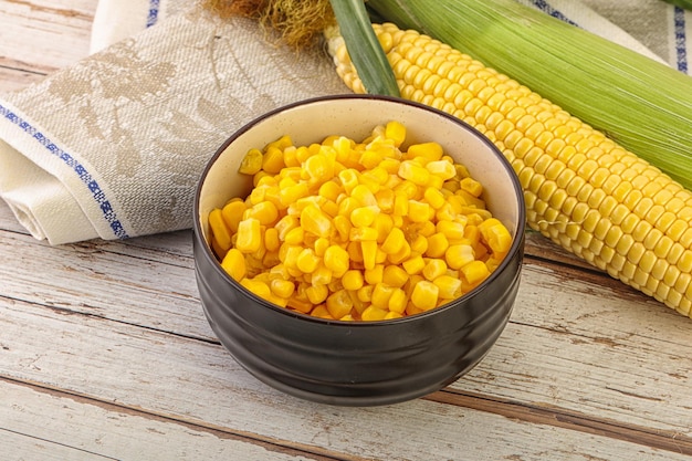 Canned yellow corn grain in the bowl