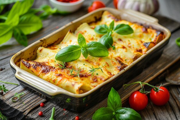 Photo cannelloni in enamel dish