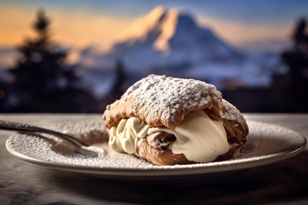 cannoli on a plate with sweet ricotta cream in a Sicilian scene with a blurred background