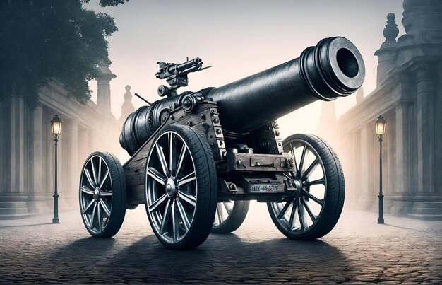 a cannon equipped with car wheels