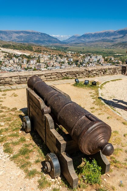 Cannon outside the fortress of the ottoman castle of gjirokaster or gjirokastra albanian