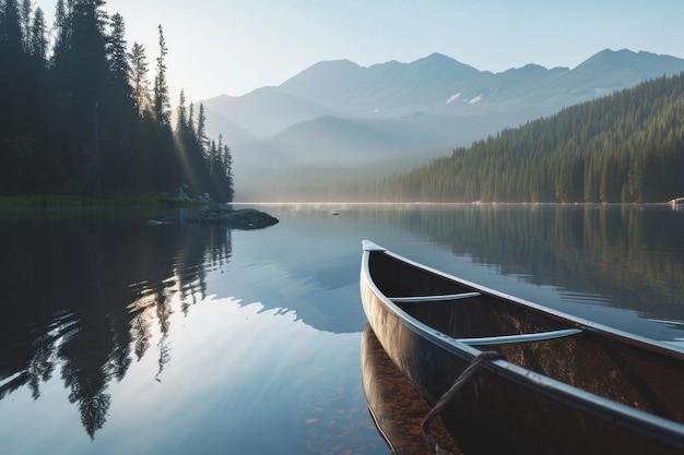 canoe in calm lake with mountains in reflection