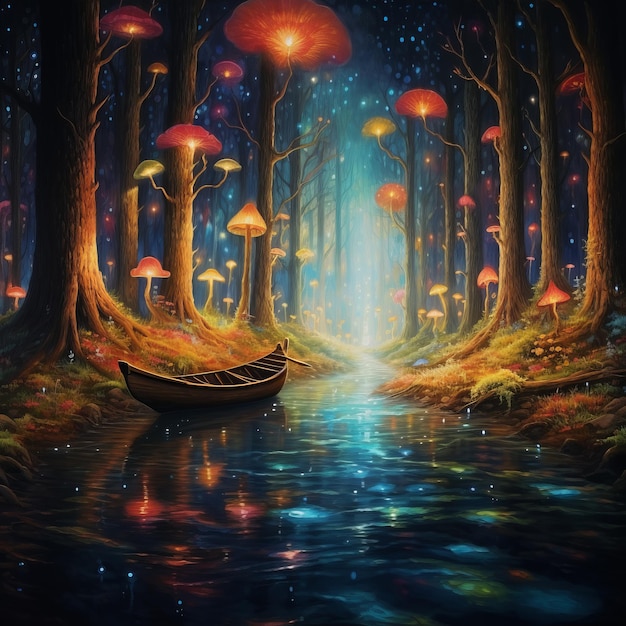 어두운 숲의 무지개를 통해 강에서 떠다니는 카누 다채로운 강 물 버섯 나무