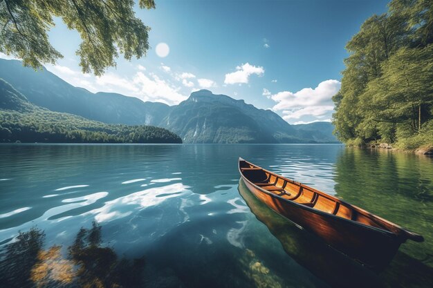 A canoe is floating on a lake with mountains in the background