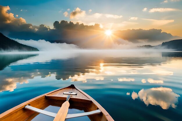 A canoe is floating on a lake with the sun behind it