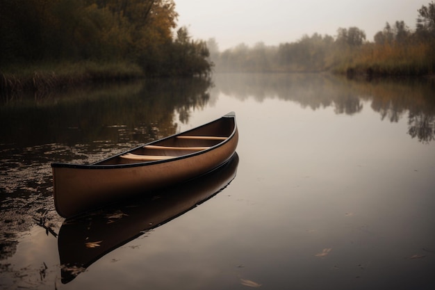 A canoe is on a lake in the fall.