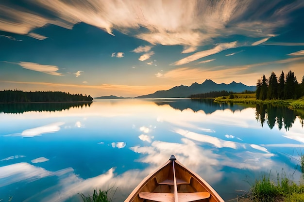 A canoe is on the lake with a beautiful landscape in the background