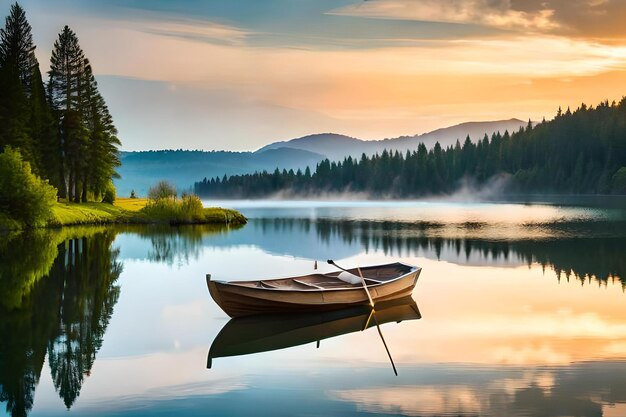 A canoe is on a lake with a mountain backdrop