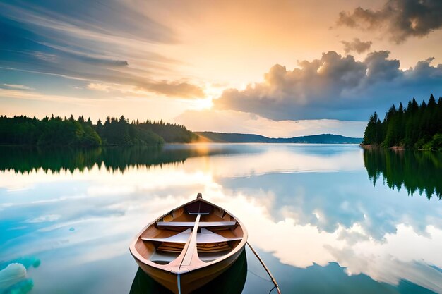 A canoe is on a lake with a sunset in the background.